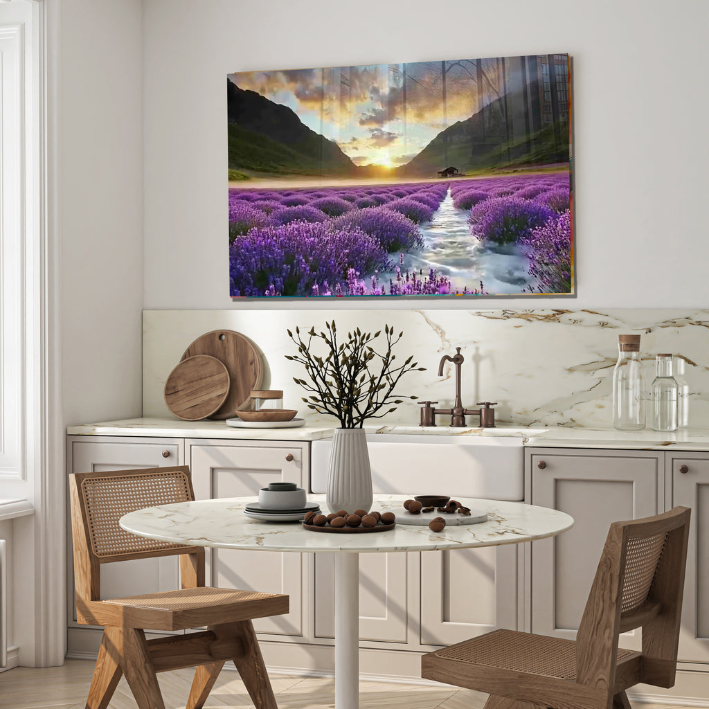 Lavender Field Glass Wall Art, Sunset Landscape Tempered Glass Print, Nature Wall Decor, Purple Floral Glass Panel, Relaxing Scenic Art