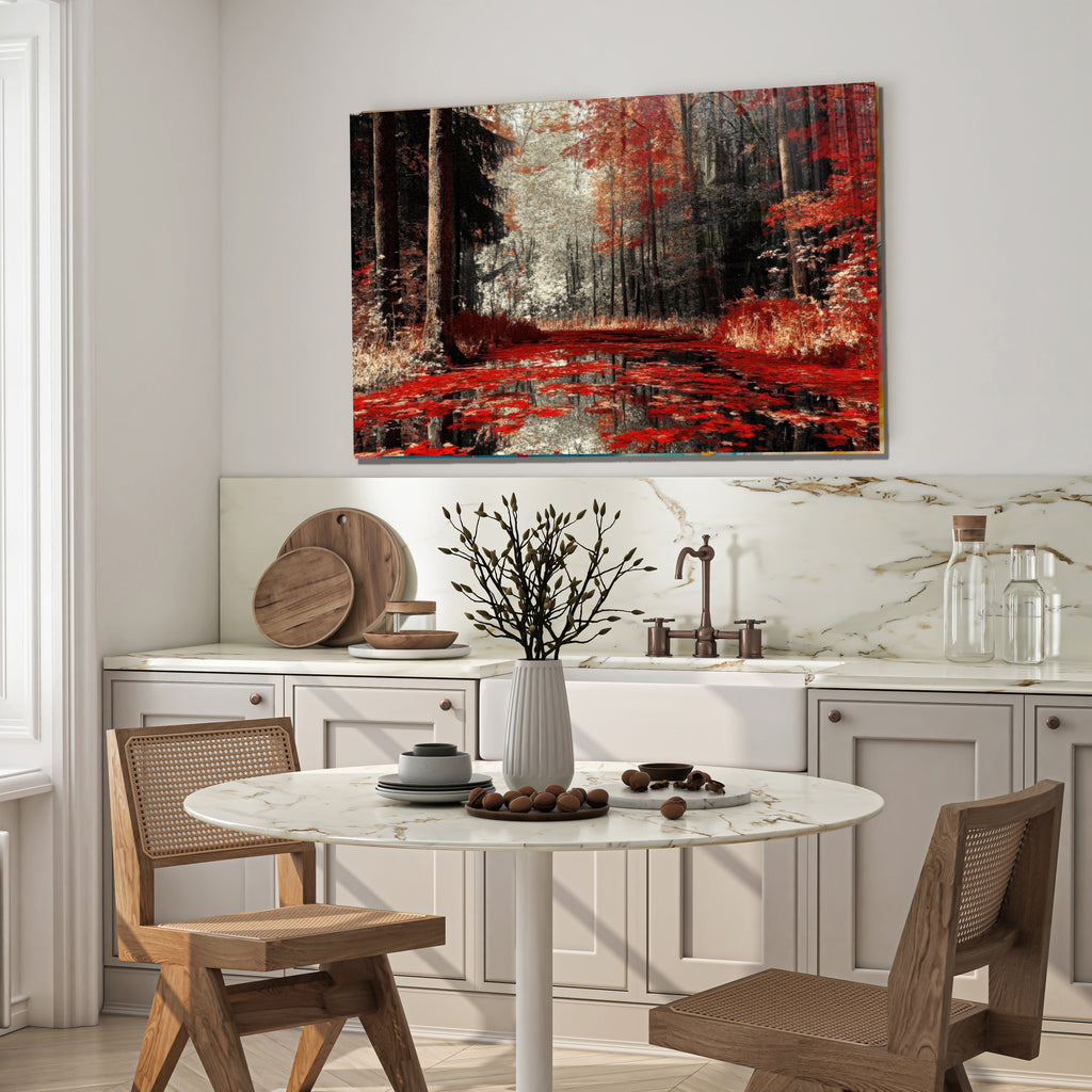 Autumn Forest Glass Wall Art, Red Foliage Tempered Glass Print, Fall Landscape Wall Decor, Tranquil Nature Glass Panel, Seasonal Home Art