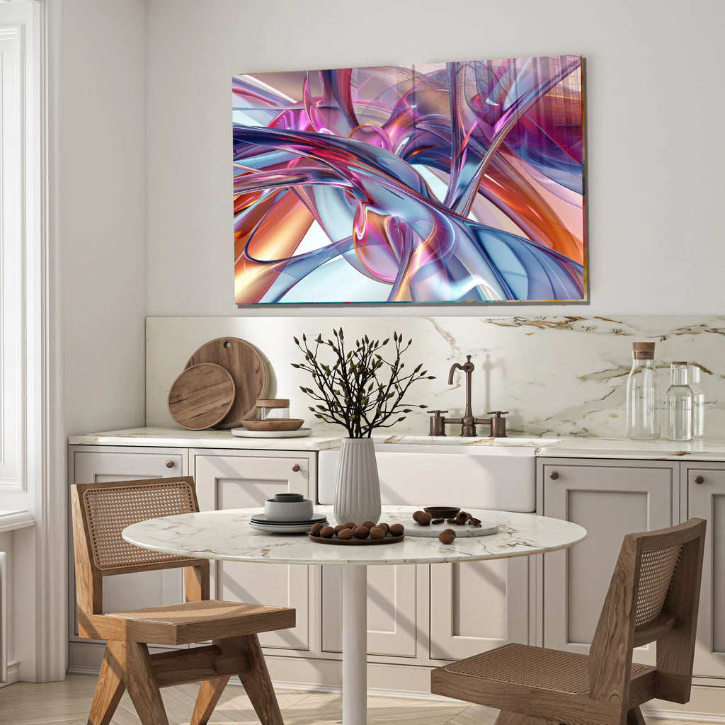 Renkli Metalik Soyut Temperlenmiş Cam Tablo, Modern 3D Duvar Dekoru, Şık ve Lüks Cam Sanat Eseri