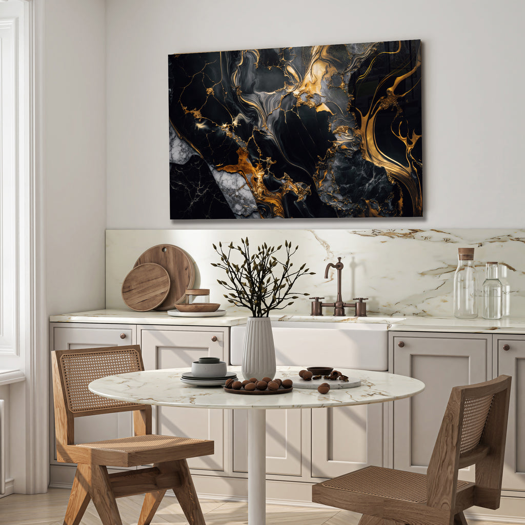 Black Gold Marble Themed Tempered Glass Wall Art – Framed or Frameless - Luxury Glossy Panel -Stained Glass Wall Art - Marble Themed Glass Backsplash