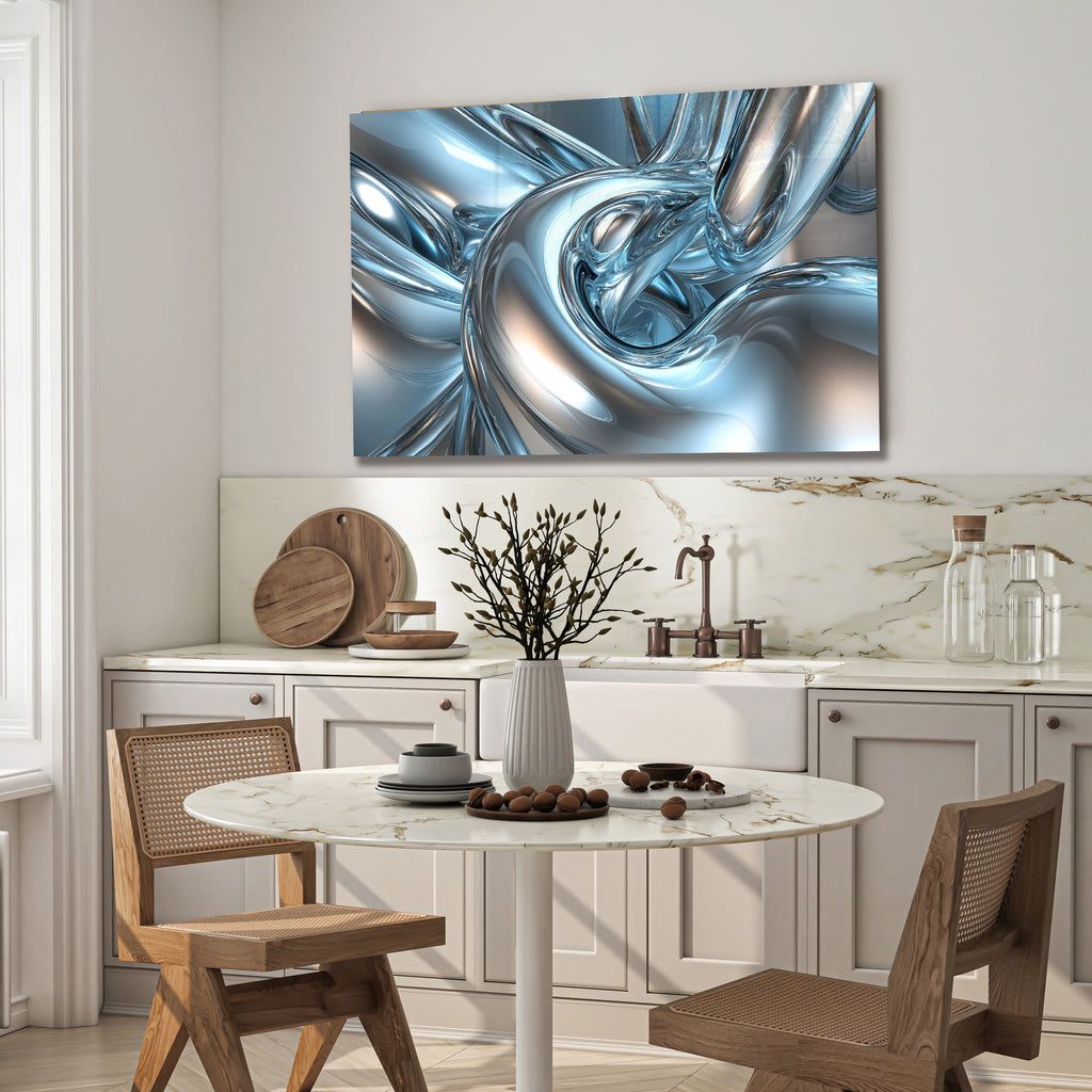 Abstract Chrome Glass Wall Art – Metallic Fluid Design on Tempered Glass