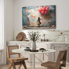 Kız ve Balonlar Temalı Temperli Cam Tablo – Modern Sokak Sanatı Tarzı, Renkli Duvar Dekoru