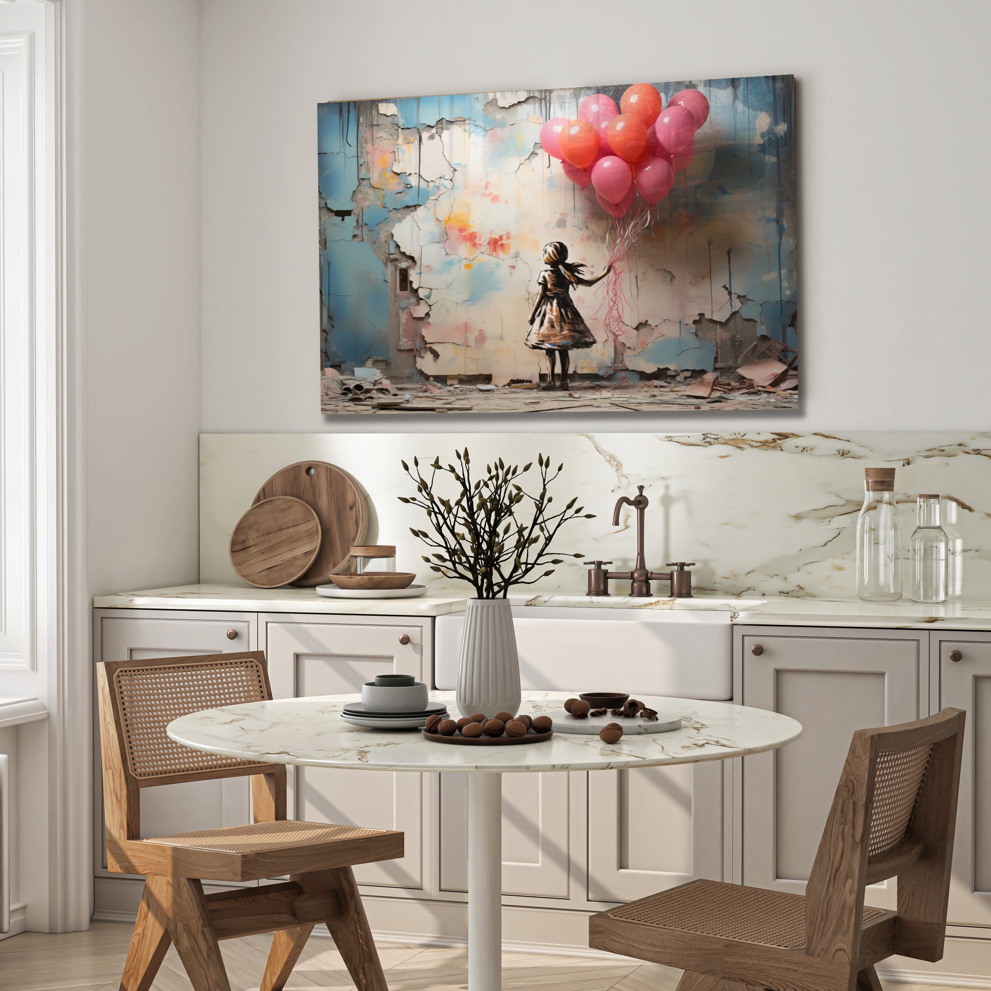 Kız ve Balonlar Temalı Temperli Cam Tablo – Modern Sokak Sanatı Tarzı, Renkli Duvar Dekoru