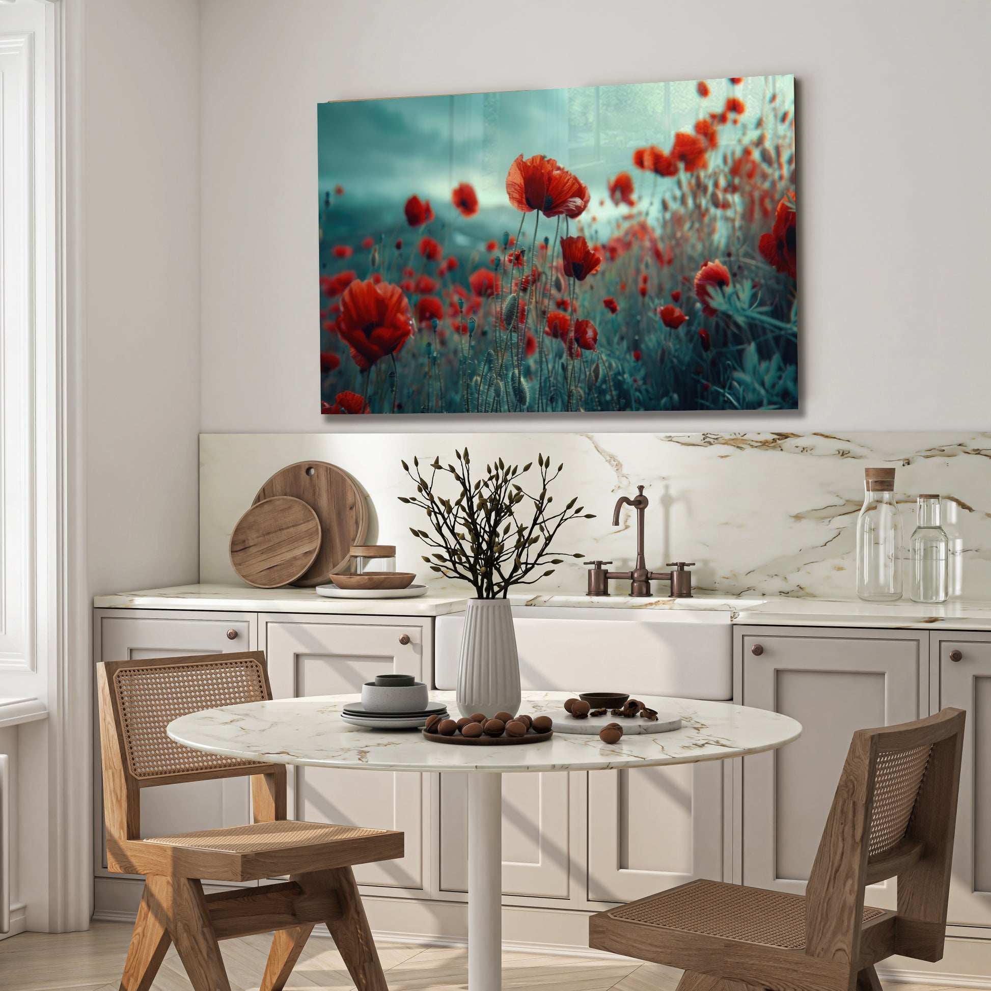 Poppy Flower Field Glass Wall Art – Botanical Nature Scene on Tempered Glass