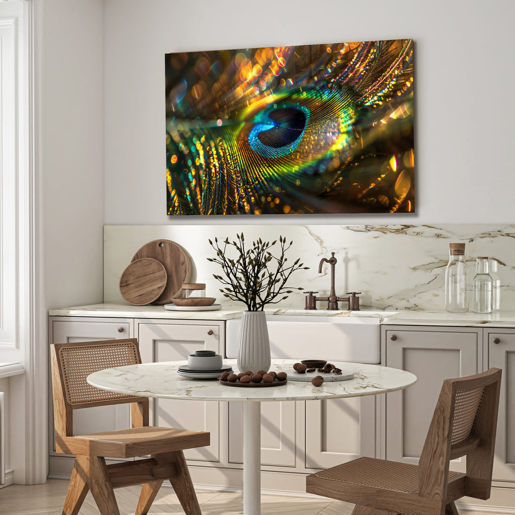 Peacock Feather Wall Art, Macro Feather Glass Print, Colorful Nature Wall Decor, Tempered Glass Art Panel, Elegant Bird Theme Art