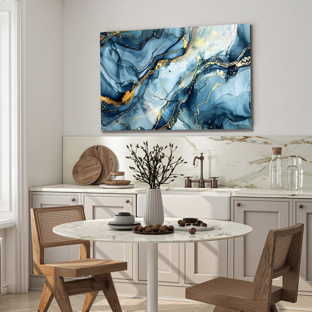Blue Gold Marble Themed Tempered Glass Wall Art – Framed or Frameless - Luxury Glossy Panel -Stained Glass Wall Art - Marble Themed Glass Backsplash (Copy)