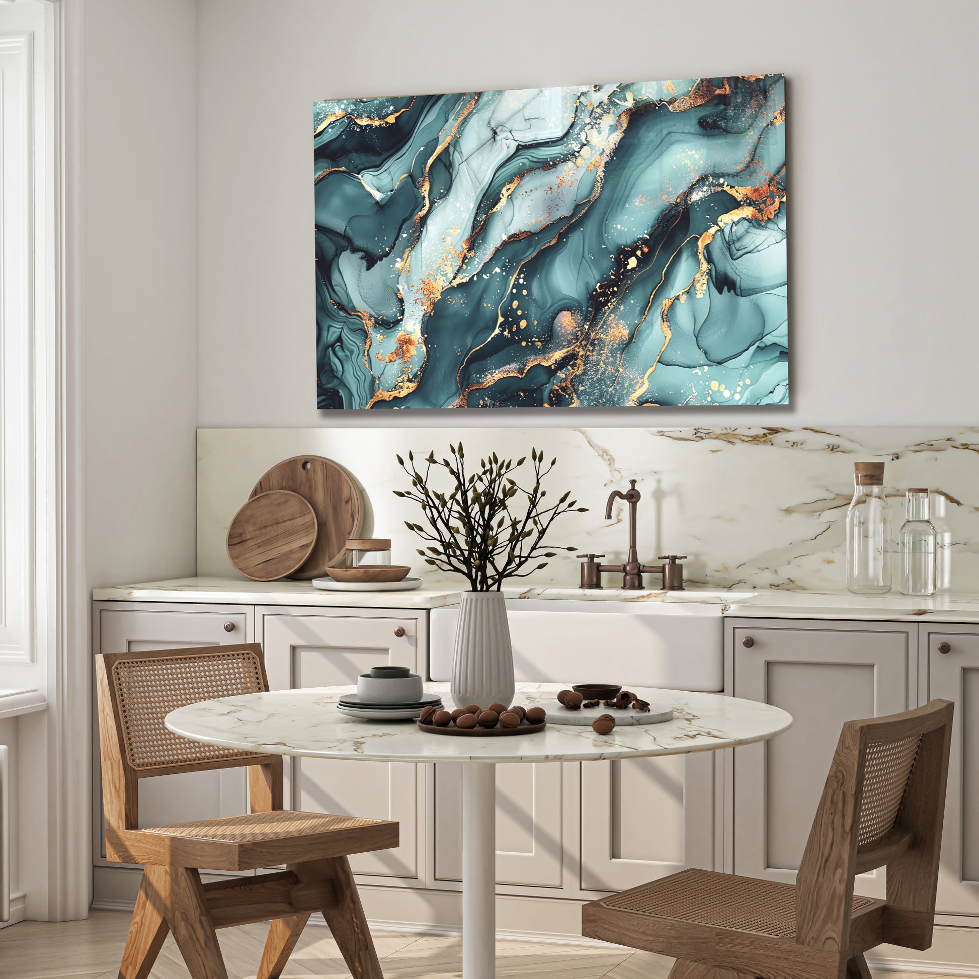 Green Gold Marble Themed Tempered Glass Wall Art – Framed or Frameless - Luxury Glossy Panel -Stained Glass Wall Art - Marble Themed Glass Backsplash (Copy)
