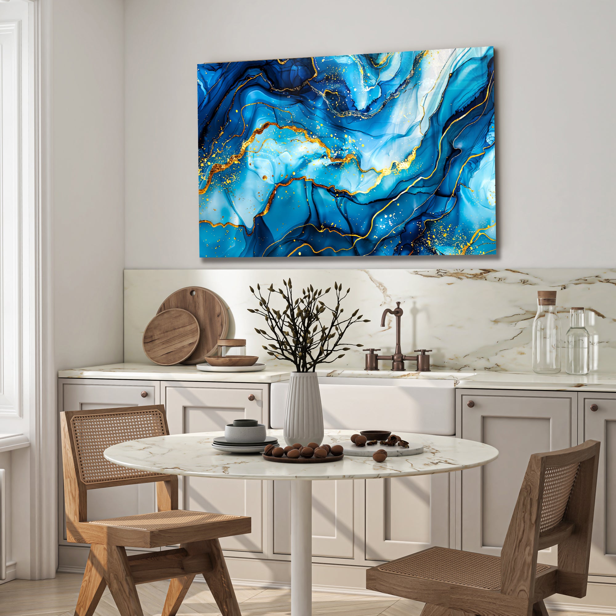 Tempered Glass Wall Art, Blue and Gold Marble Design, Luxury Abstract Modern Decor Panel