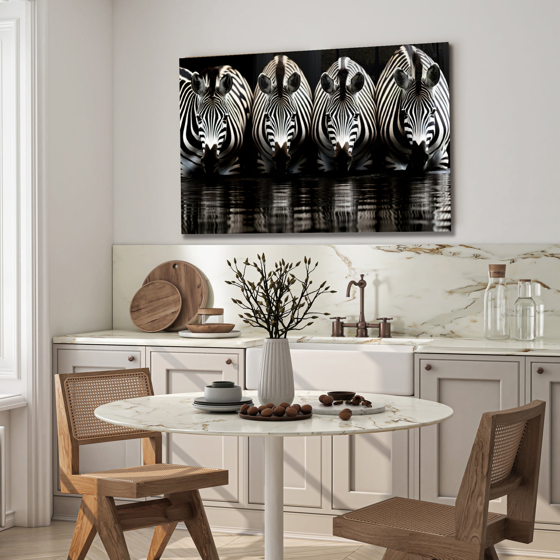 Zebra Reflections Wall Art – Monochrome Wildlife Print on Tempered Glass