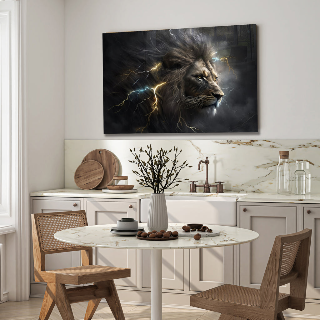 Powerful Lion Wall Art, Electric Storm Lion, Tempered Glass Animal Art, Lightning Lion Print, Bold Safari Wall Decor