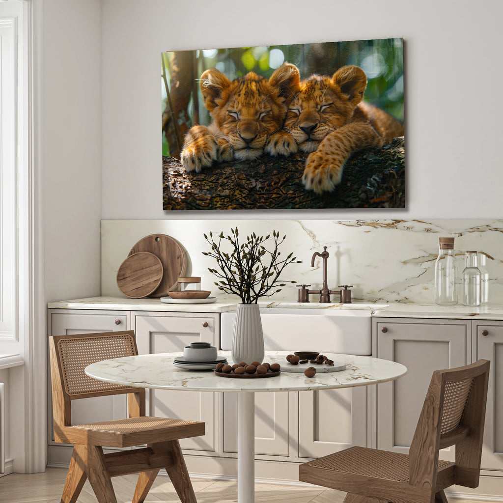 Sleeping Lion Cubs Tempered Glass Wall Art – Cute Jungle Animal Print – Safari Baby Lions Art
