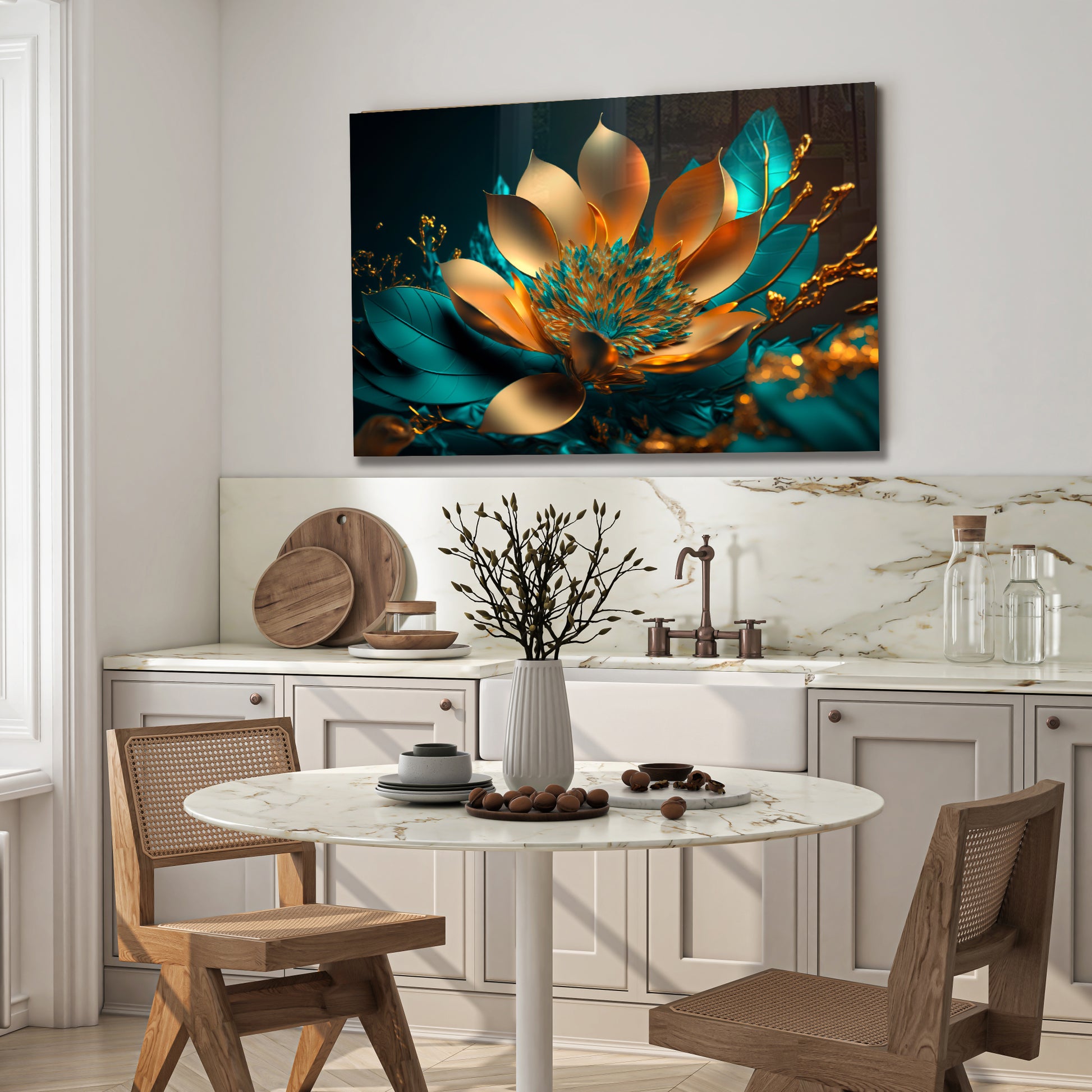 Golden Turquoise Flower Glass Wall Art – Luxury Floral Panel on Tempered Glass