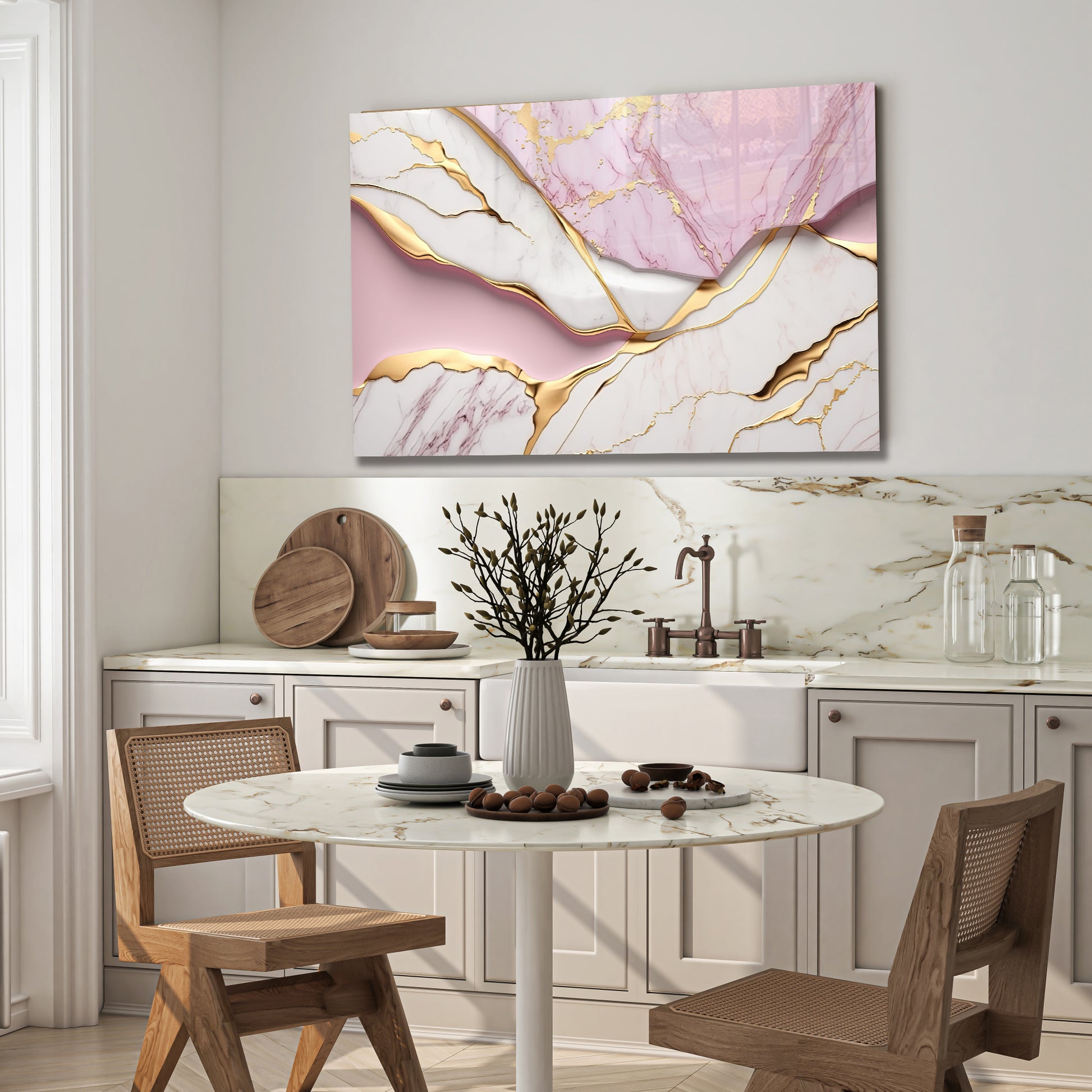Pink Gold Marble Themed Tempered Glass Wall Art – Framed or Frameless - Luxury Glossy Panel -Stained Glass Wall Art - Marble Themed Glass Backsplash