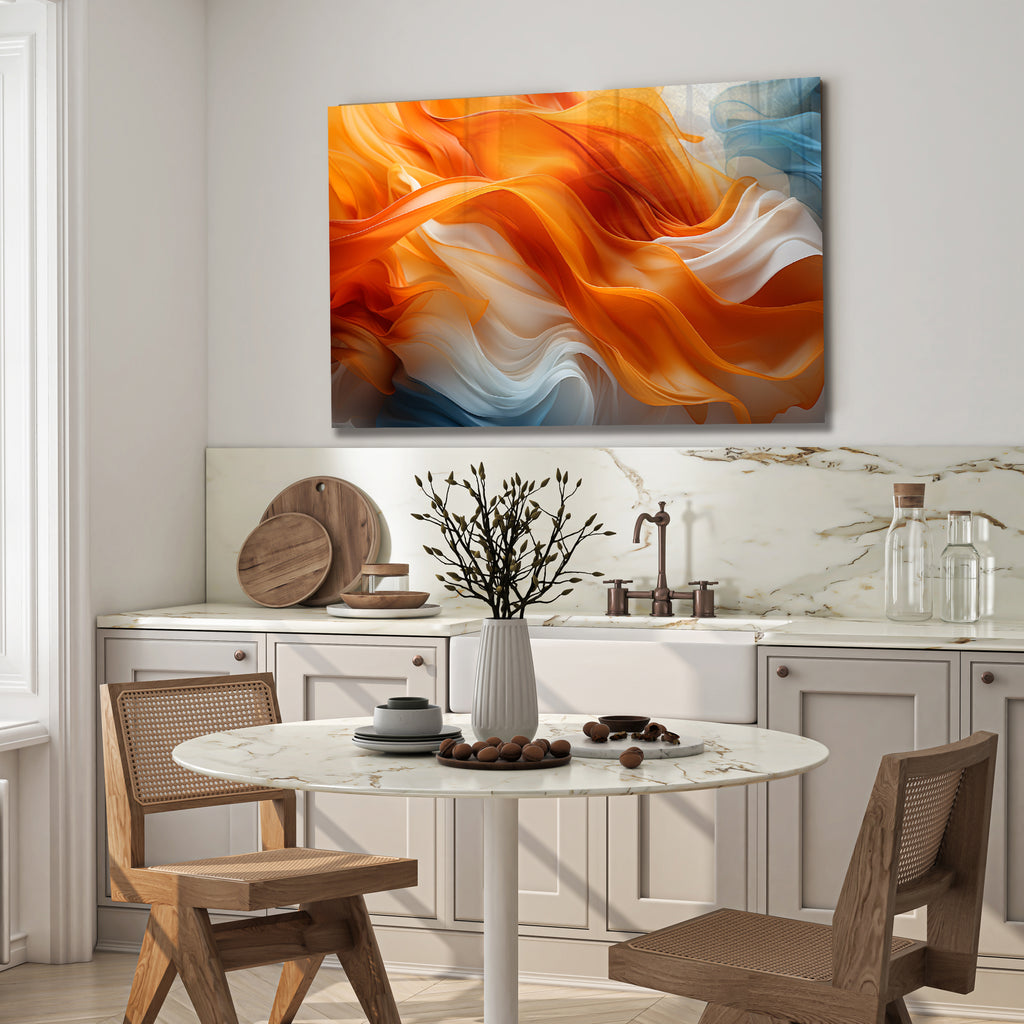 Orange Flow Abstract Glass Wall Art – Dynamic Flame-Inspired Design on Tempered Glass