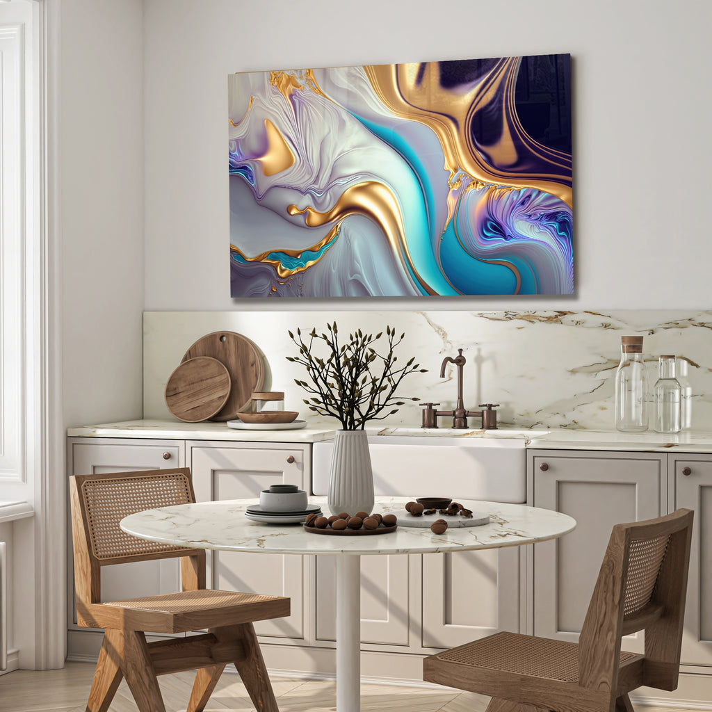 Gold Abstract Chrome Glass Wall Art – Metallic Fluid Design on Tempered Glass