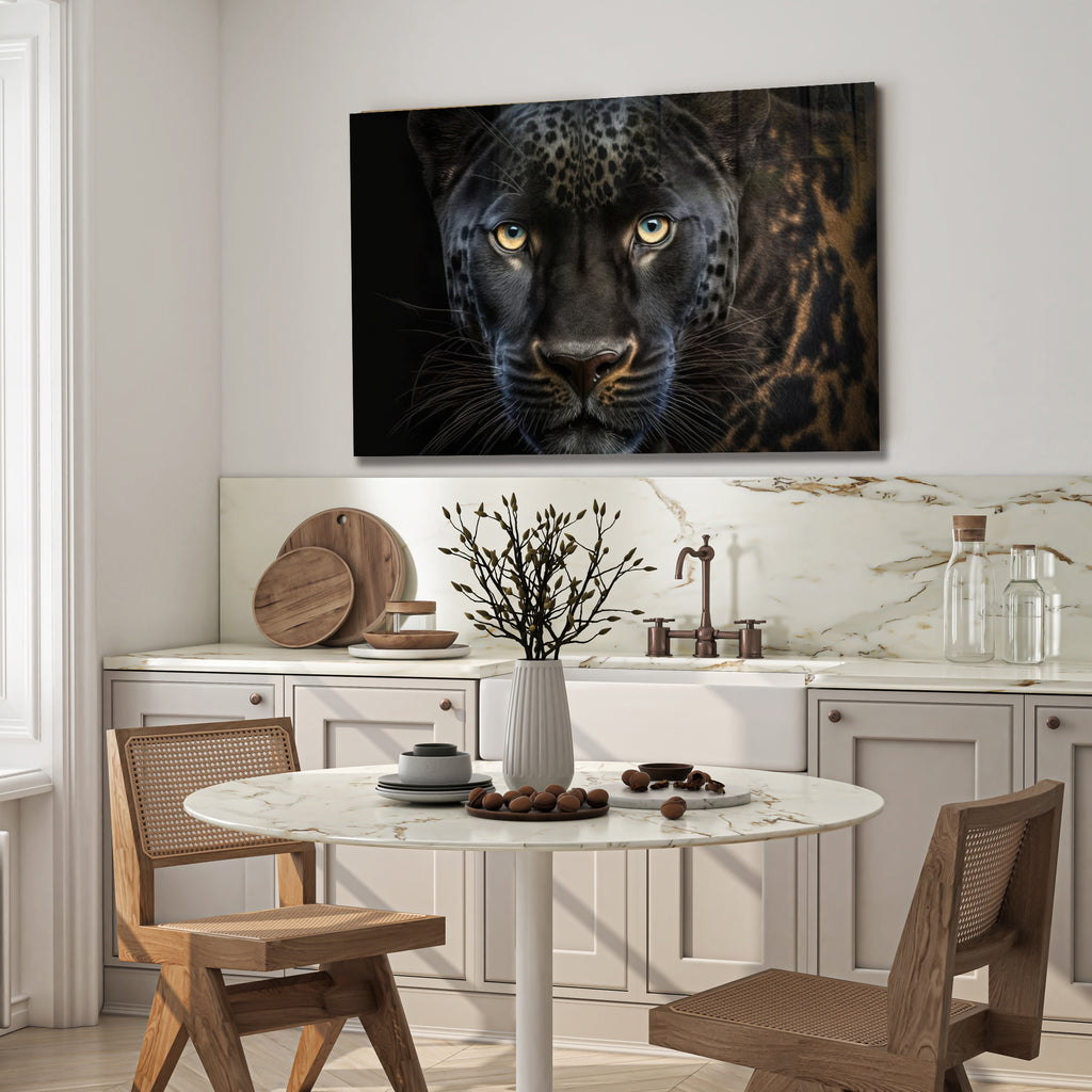 Black Leopard Wall Art – Wild Animal Portrait on Tempered Glass Panel