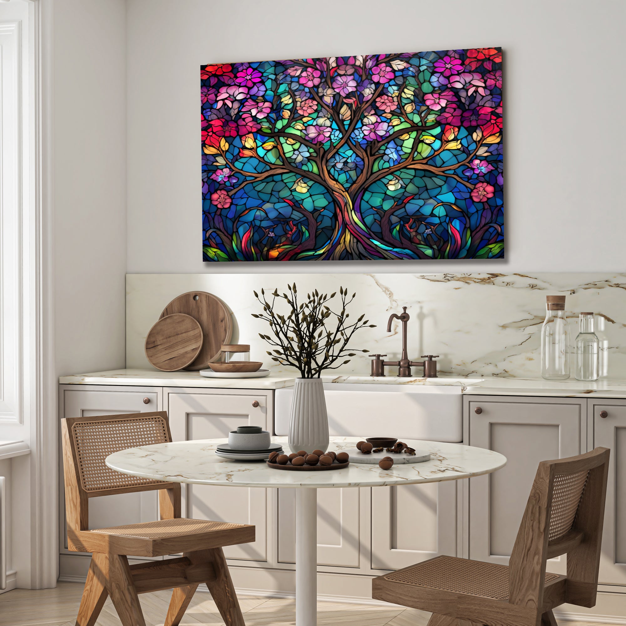 Ağaç Temalı Vitray Görünümlü Temperli Cam Tablo – Renkli Doğa Duvar Dekoru