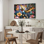 Sinek Kuşu ve Çiçekler Temalı Vitray Görünümlü Temperli Cam Tablo – Renkli Doğa Duvar Dekoru