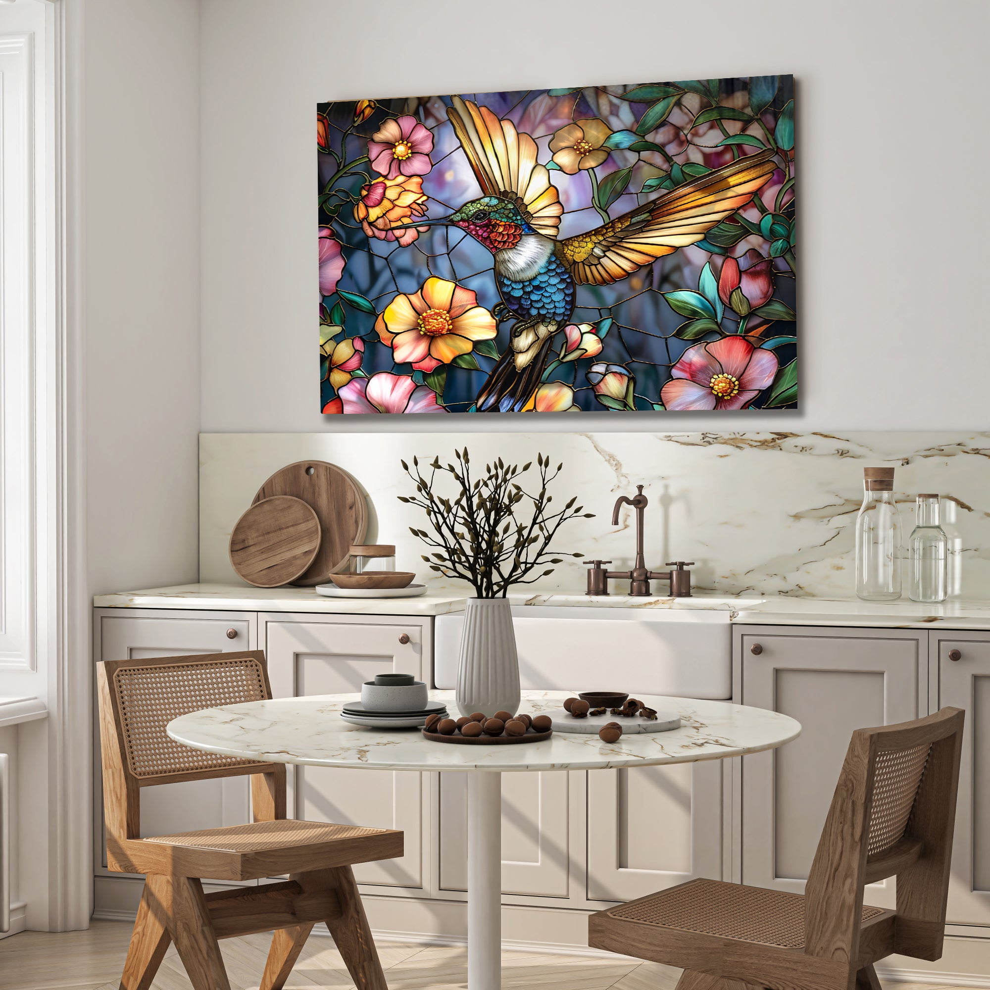 Sinek Kuşu ve Çiçekler Temalı Vitray Görünümlü Temperli Cam Tablo – Renkli Doğa Duvar Dekoru