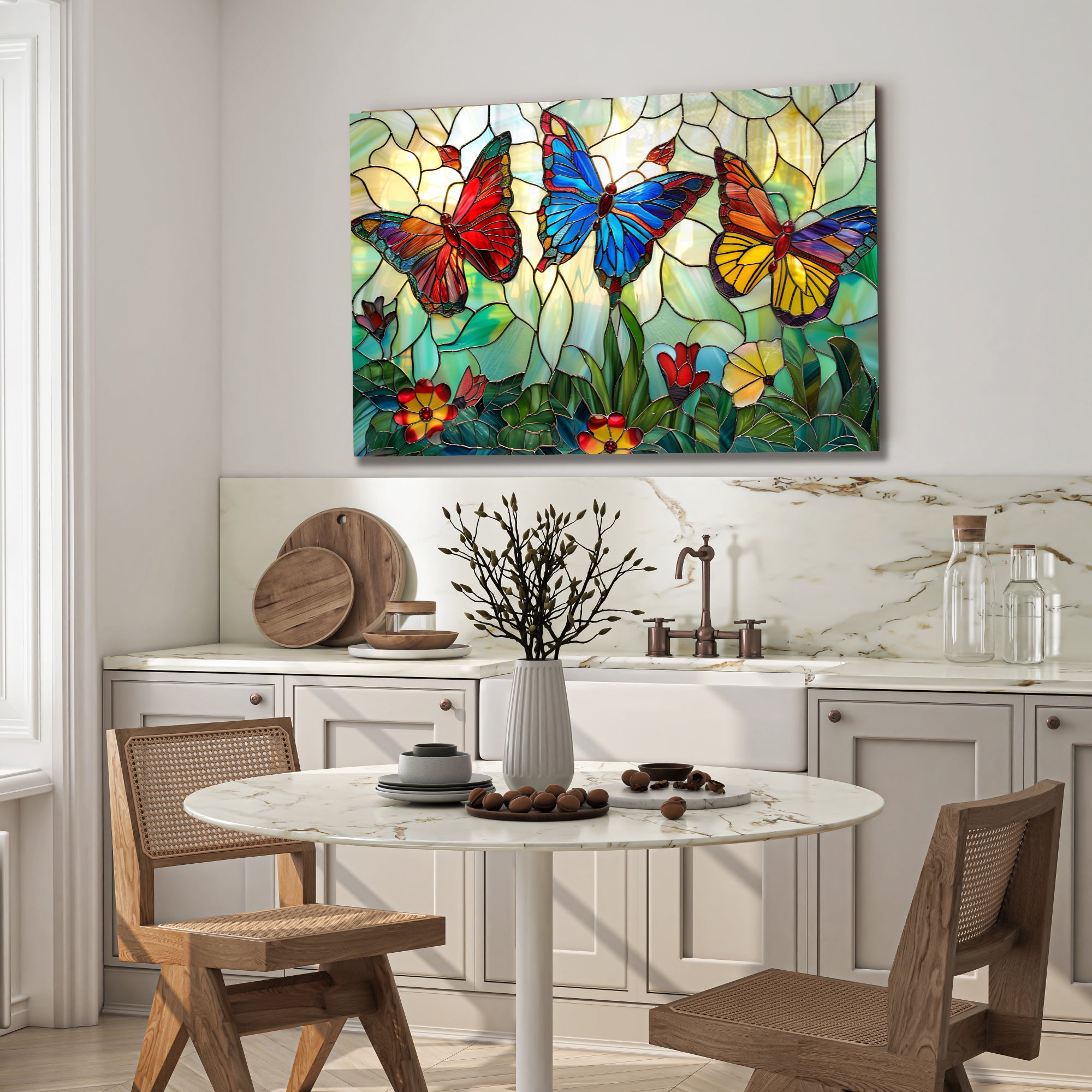 Kelebek Temalı Vitray Görünümlü Temperli Cam Tablo – Renkli Doğa Duvar Dekoru