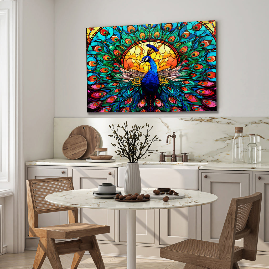 Peacock Stained Glass Wall Art – Vibrant Tempered Glass Panel with Colorful Feathers