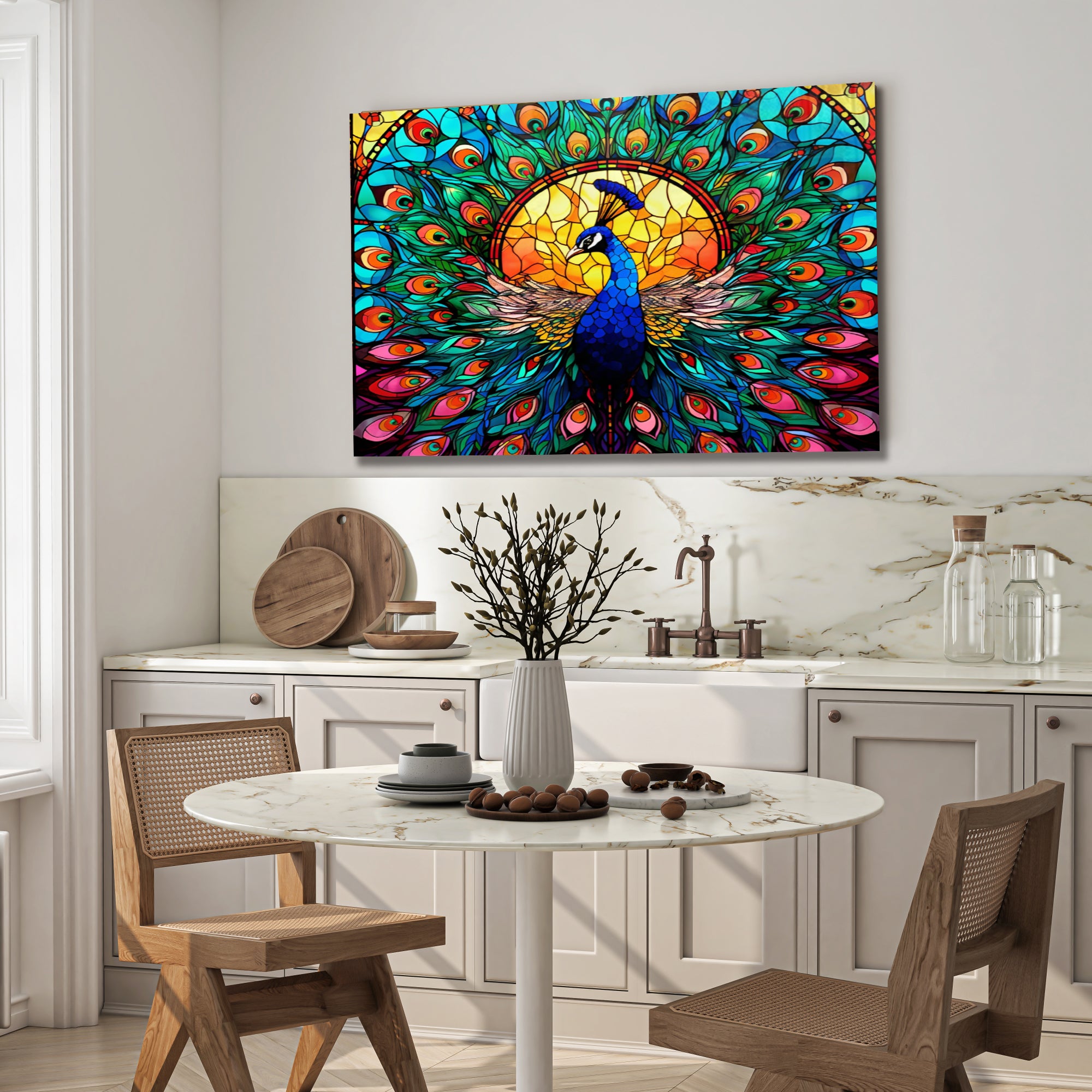 Tavuz Kuşu Temalı Vitray Görünümlü Temperli Cam Tablo – Renkli Doğa Duvar Dekoru