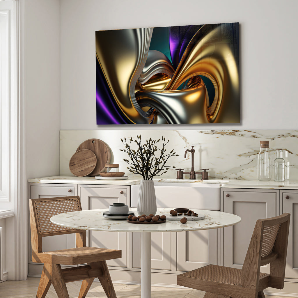 Gold &amp; Purple Abstract Glass Wall Art – Luxury Metallic Fluid Design on Tempered Glass
