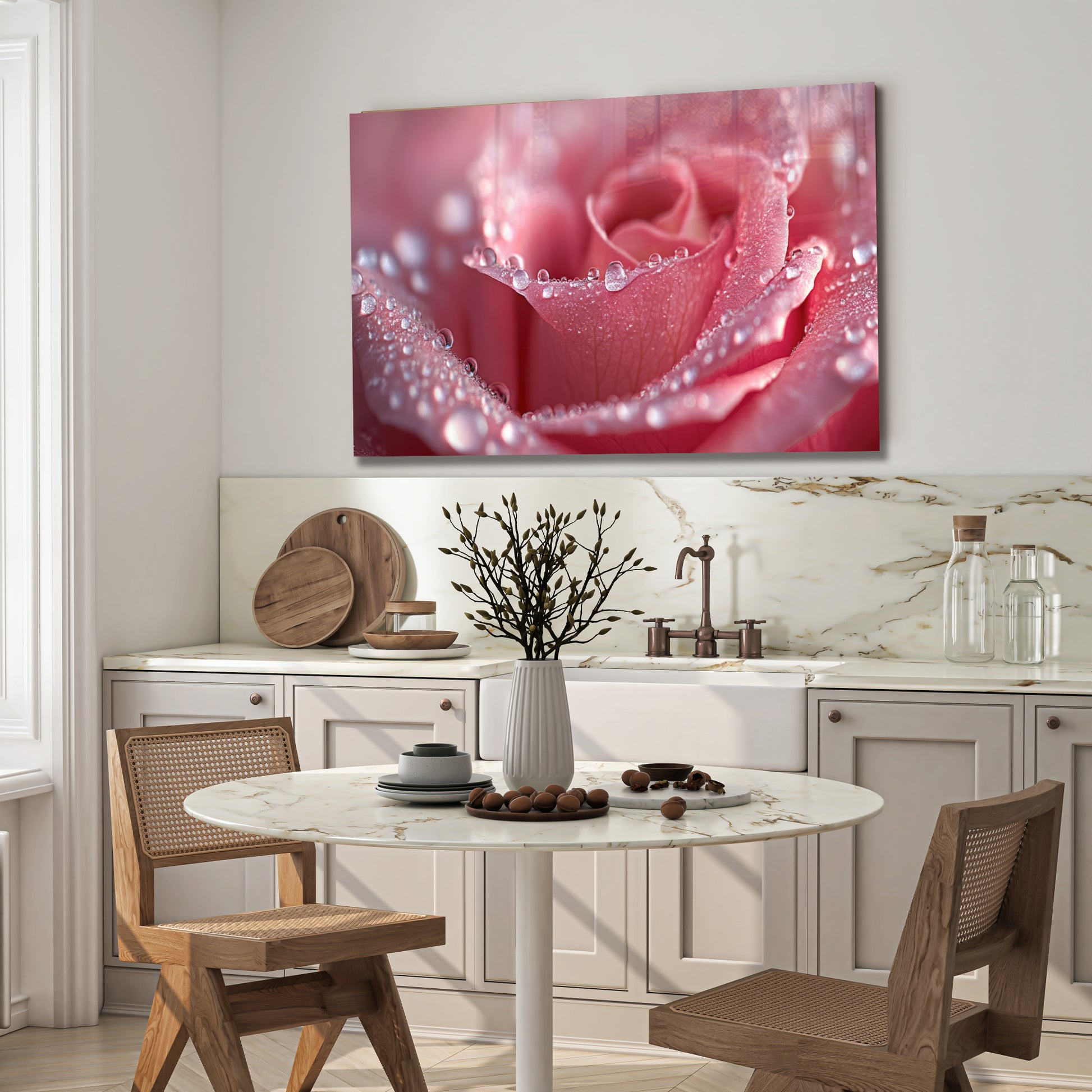 Pink Rose Macro Wall Art – Dew Drop Floral Tempered Glass Panel