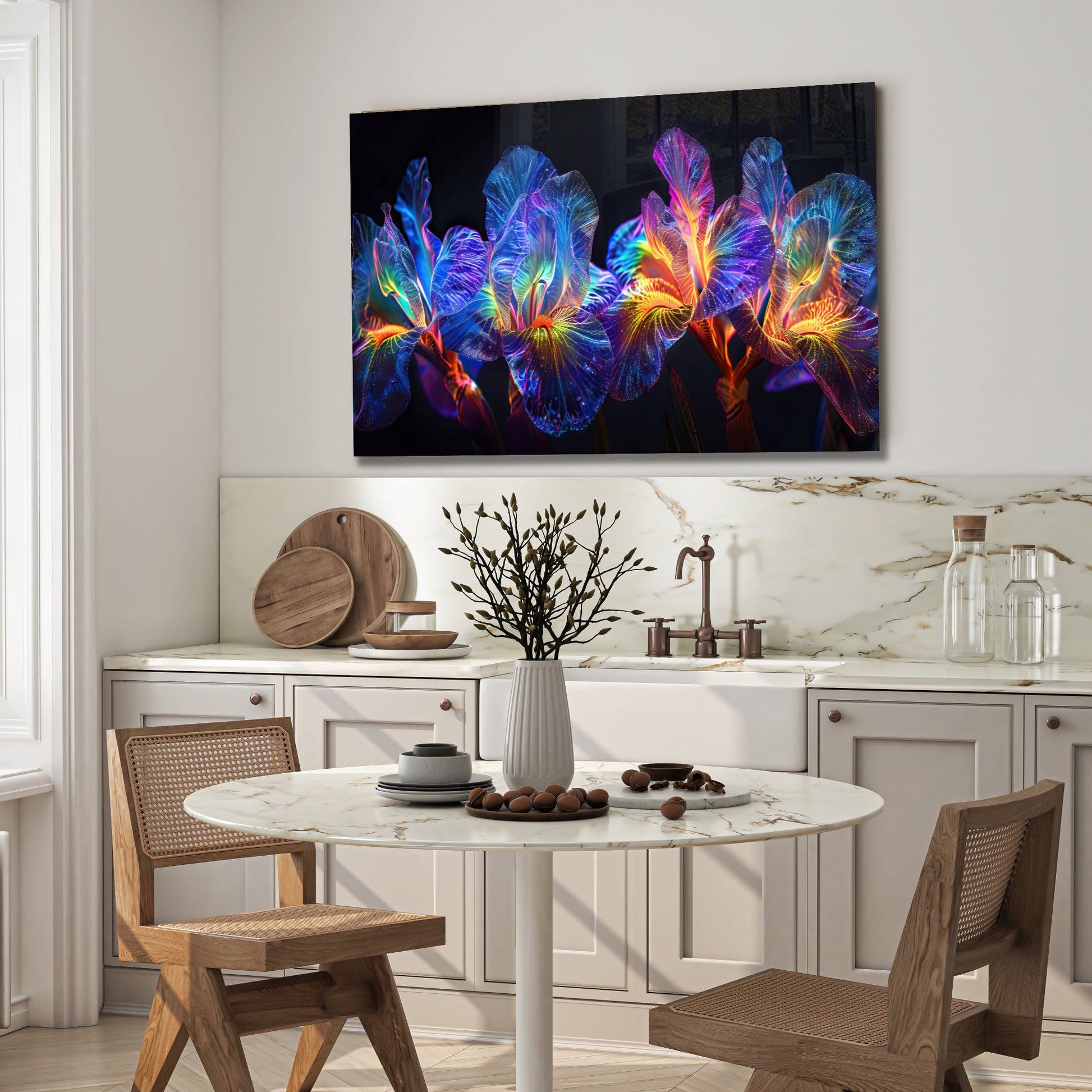 Rainbow Neon Iris Glass Wall Art – Glowing Colorful Floral Design on Tempered Glass