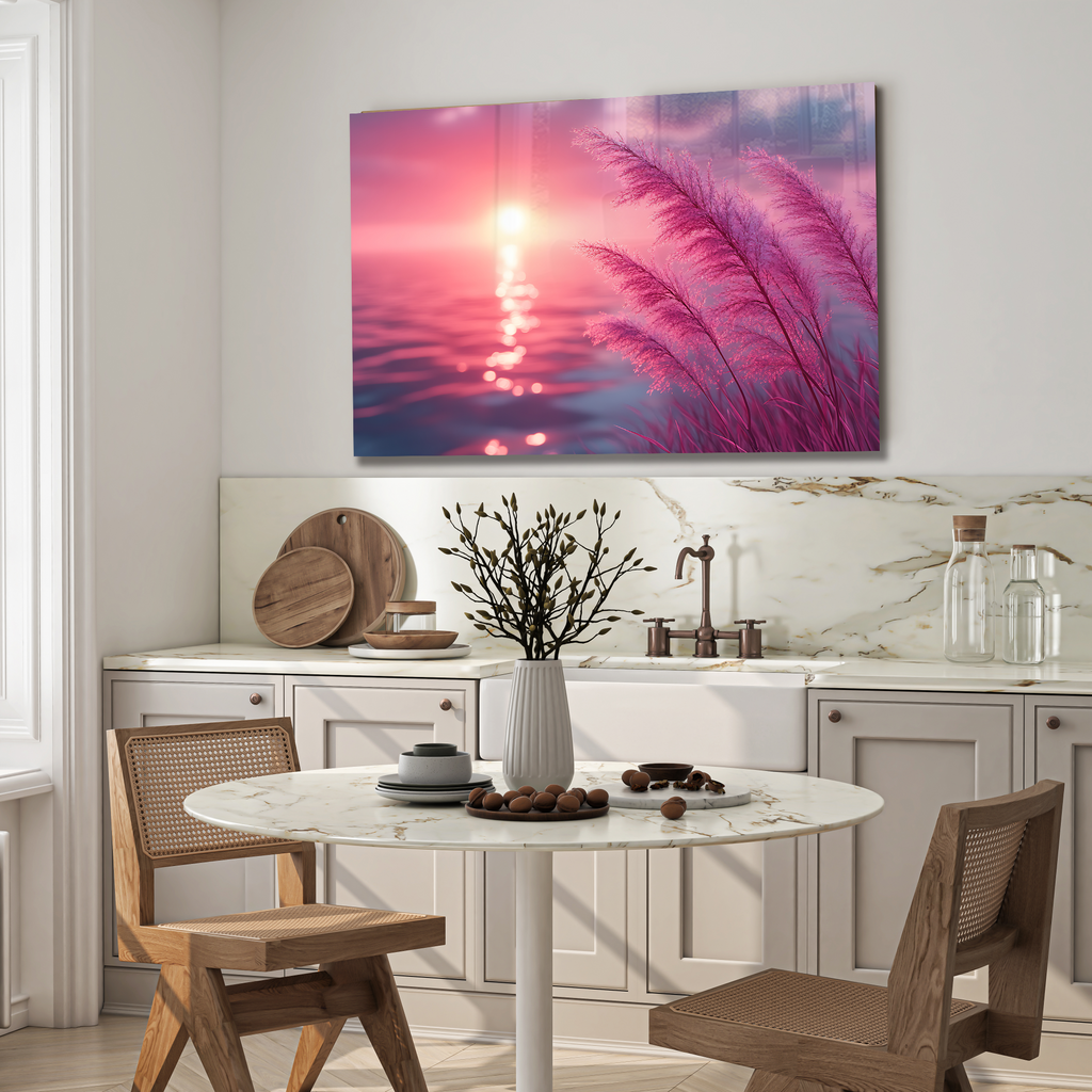 Pembe Gün Batımı ve Sazlık Manzara Temperli Cam Duvar Tablosu – Modern Ev Dekoru
