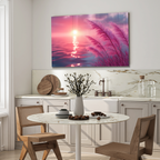 Pembe Gün Batımı ve Sazlık Manzara Temperli Cam Duvar Tablosu – Modern Ev Dekoru