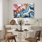 Temperli Cam Duvar Tablosu – Mavi Pembe Mermer Soyut Dekor