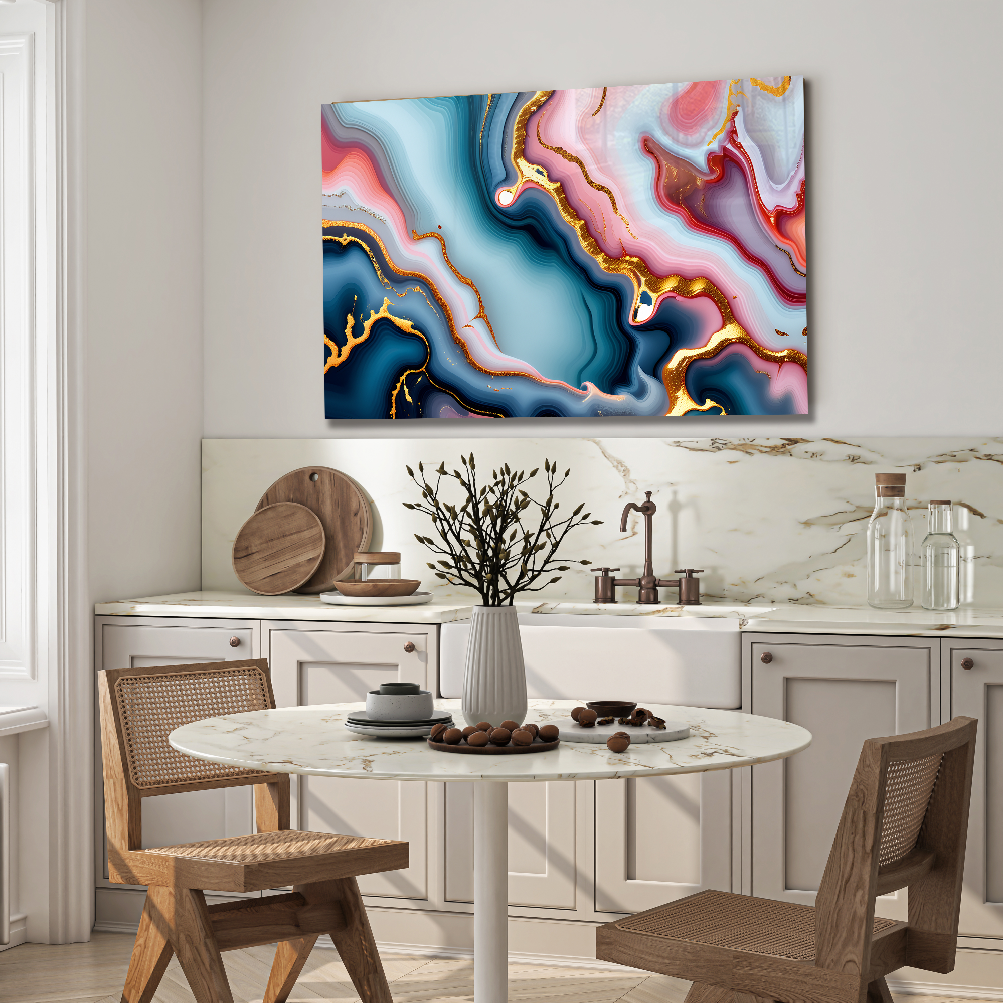 Temperli Cam Duvar Tablosu – Mavi Pembe Mermer Soyut Dekor