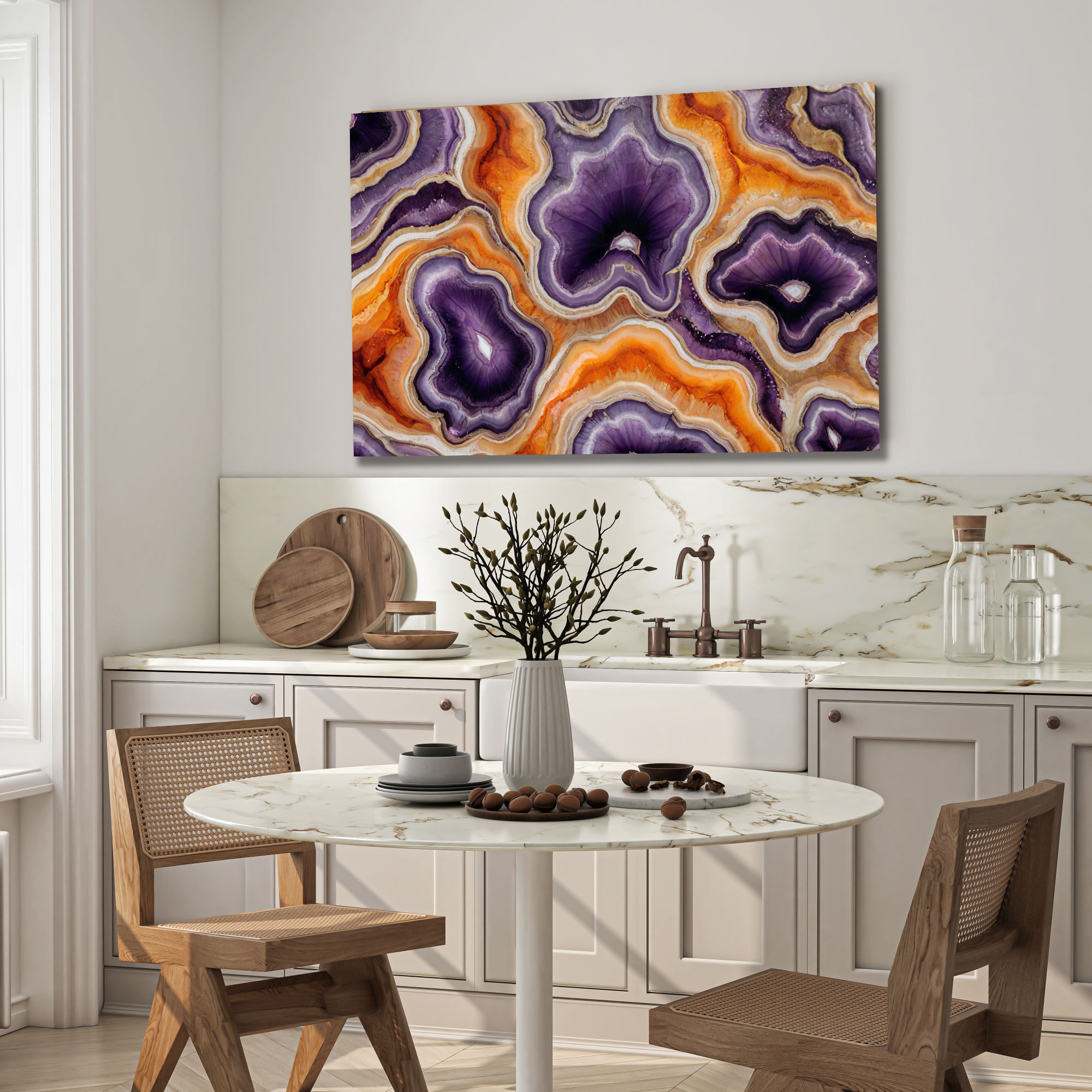 Temperli Cam Duvar Tablosu – Turuncu Mor Mermer Soyut Dekor