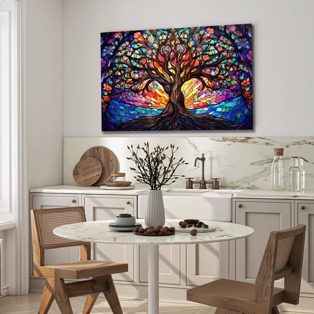 Ağaç Temalı Vitray Görünümlü Temperli Cam Tablo – Renkli Doğa Duvar Dekoru