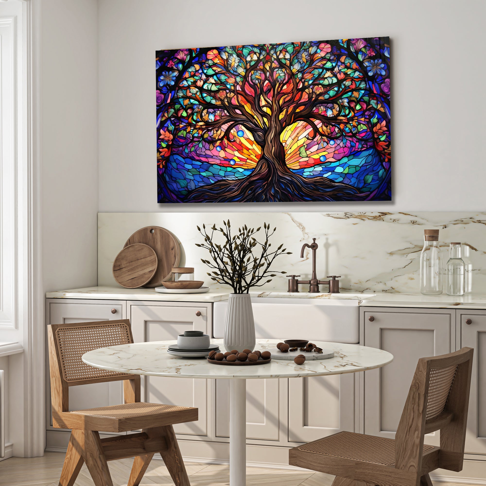 Ağaç Temalı Vitray Görünümlü Temperli Cam Tablo – Renkli Doğa Duvar Dekoru
