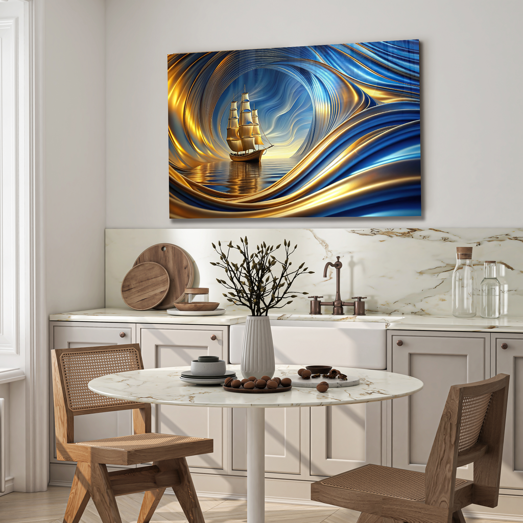 Temperli Cam Duvar Tablosu – Altın Mavi Soyut Gemi Dekor