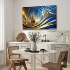 Temperli Cam Duvar Tablosu – Altın Mavi Soyut Gemi Dekor