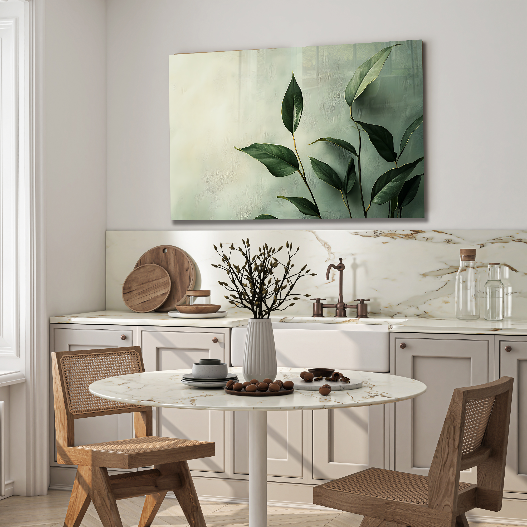 Temperli Cam Duvar Tablosu – Yeşil yapraklar Dekoru