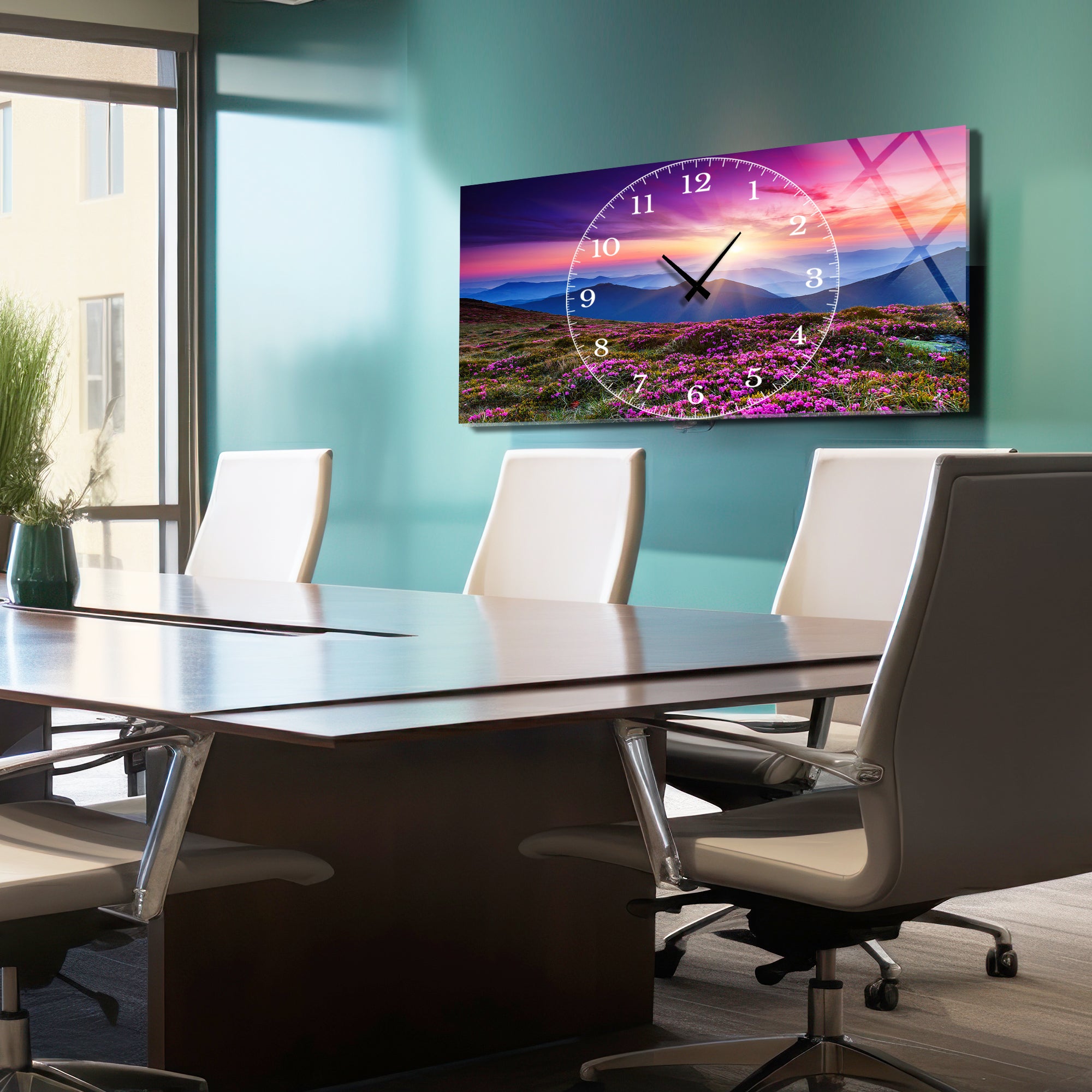 Manzara Temalı Temperli Cam Duvar Saati – Altın Detaylı Modern Tasarım, Büyük Boy Duvar Dekoru