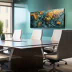 World Map Themed Tempered Glass Wall Clock – Modern Design with Gold Details, Large Wall Decor