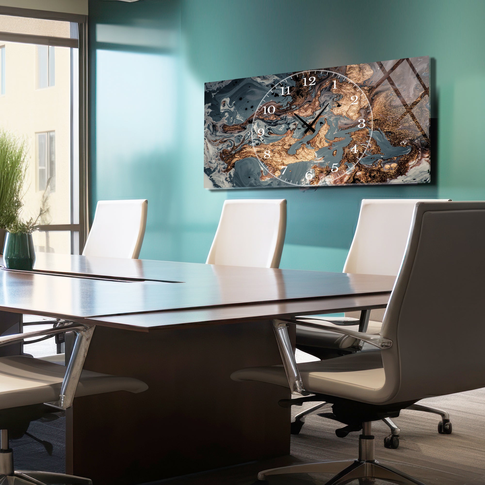 Soyut Temalı Temperli Cam Duvar Saati – Altın Detaylı Modern Tasarım, Büyük Boy Duvar Dekoru