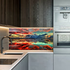 Kırmızı ve Mavi Gün Batımı Yansımalı Cam Tablo – Modern Manzara Duvar Dekoru