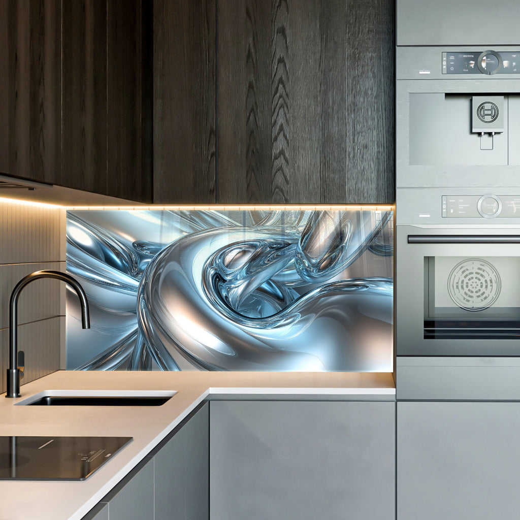 Abstract Chrome Glass Wall Art – Metallic Fluid Design on Tempered Glass