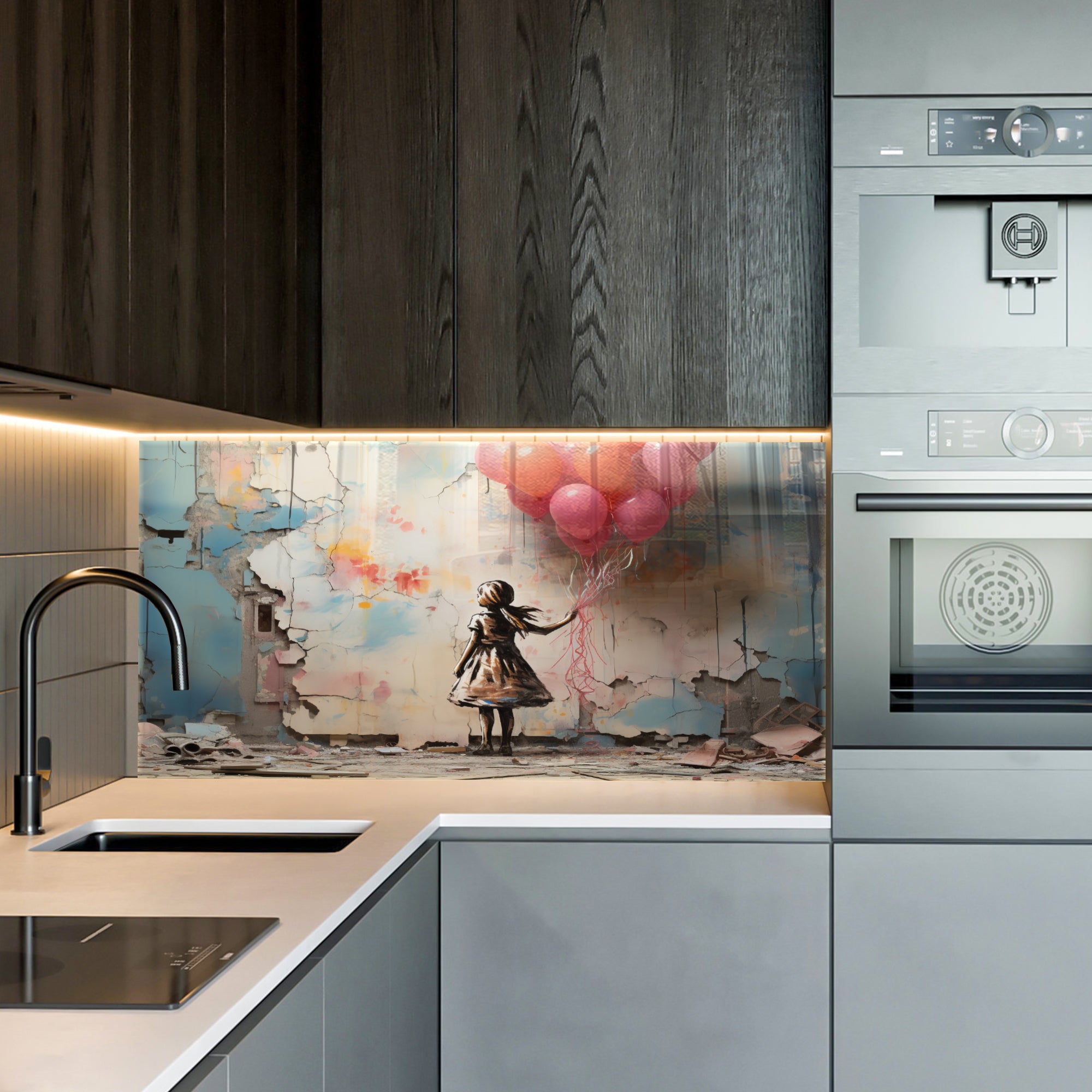 Kız ve Balonlar Temalı Temperli Cam Tablo – Modern Sokak Sanatı Tarzı, Renkli Duvar Dekoru