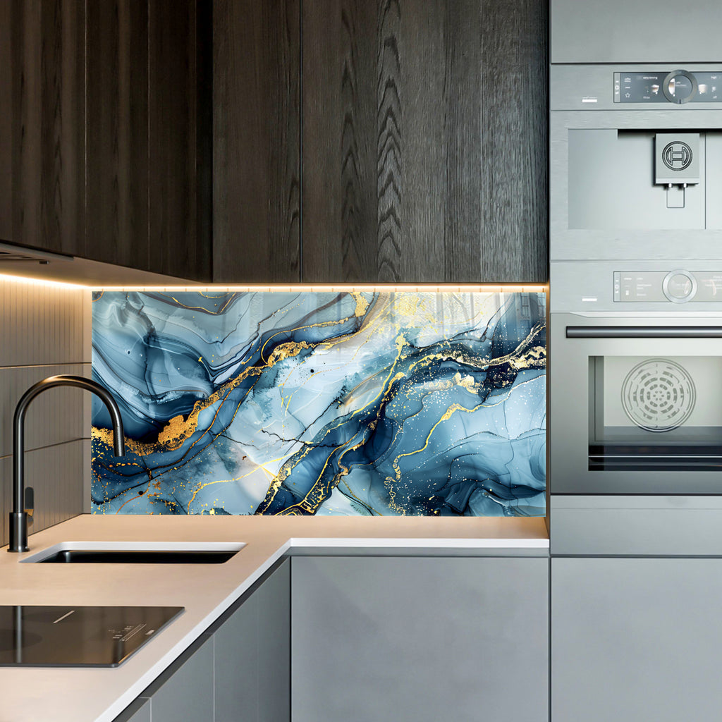 Blue Gold Marble Themed Tempered Glass Wall Art – Framed or Frameless - Luxury Glossy Panel -Stained Glass Wall Art - Marble Themed Glass Backsplash (Copy)