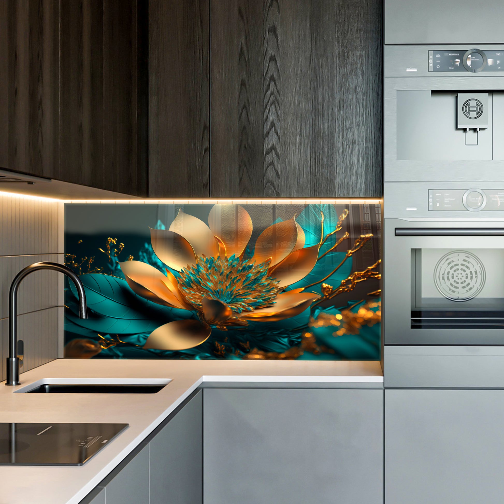 Golden Turquoise Flower Glass Wall Art – Luxury Floral Panel on Tempered Glass