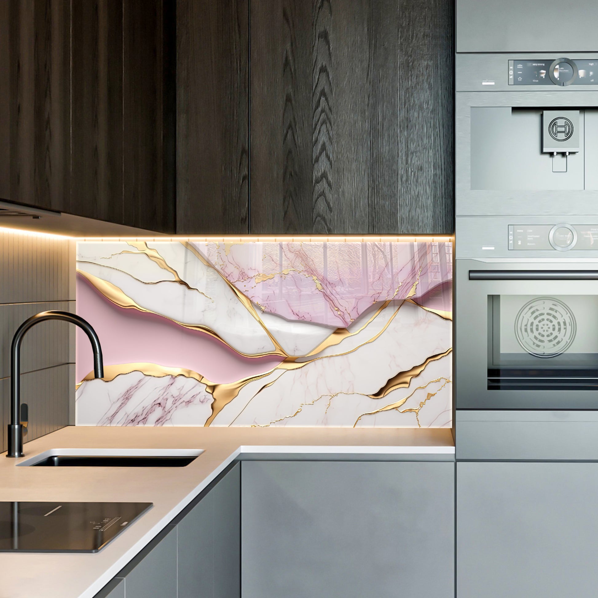 Pink Gold Marble Themed Tempered Glass Wall Art – Framed or Frameless - Luxury Glossy Panel -Stained Glass Wall Art - Marble Themed Glass Backsplash