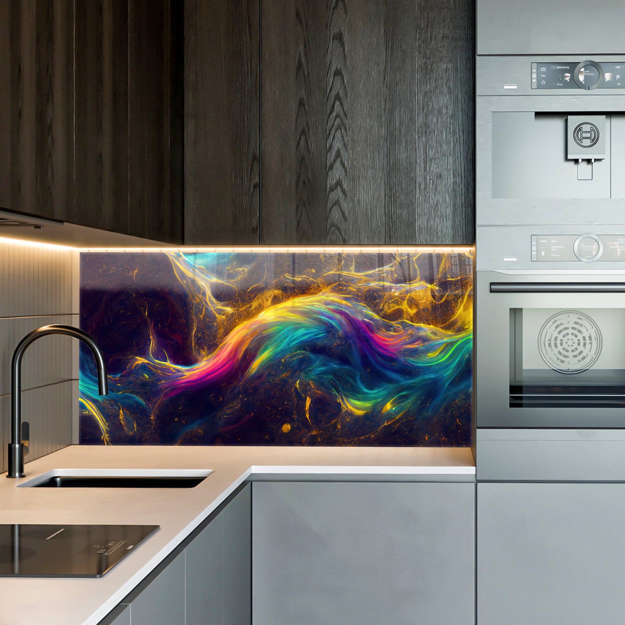 Renkli Metalik Soyut Temperlenmiş Cam Tablo, Modern 3D Duvar Dekoru, Şık ve Lüks Cam Sanat Eseri