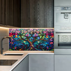 Ağaç Temalı Vitray Görünümlü Temperli Cam Tablo – Renkli Doğa Duvar Dekoru